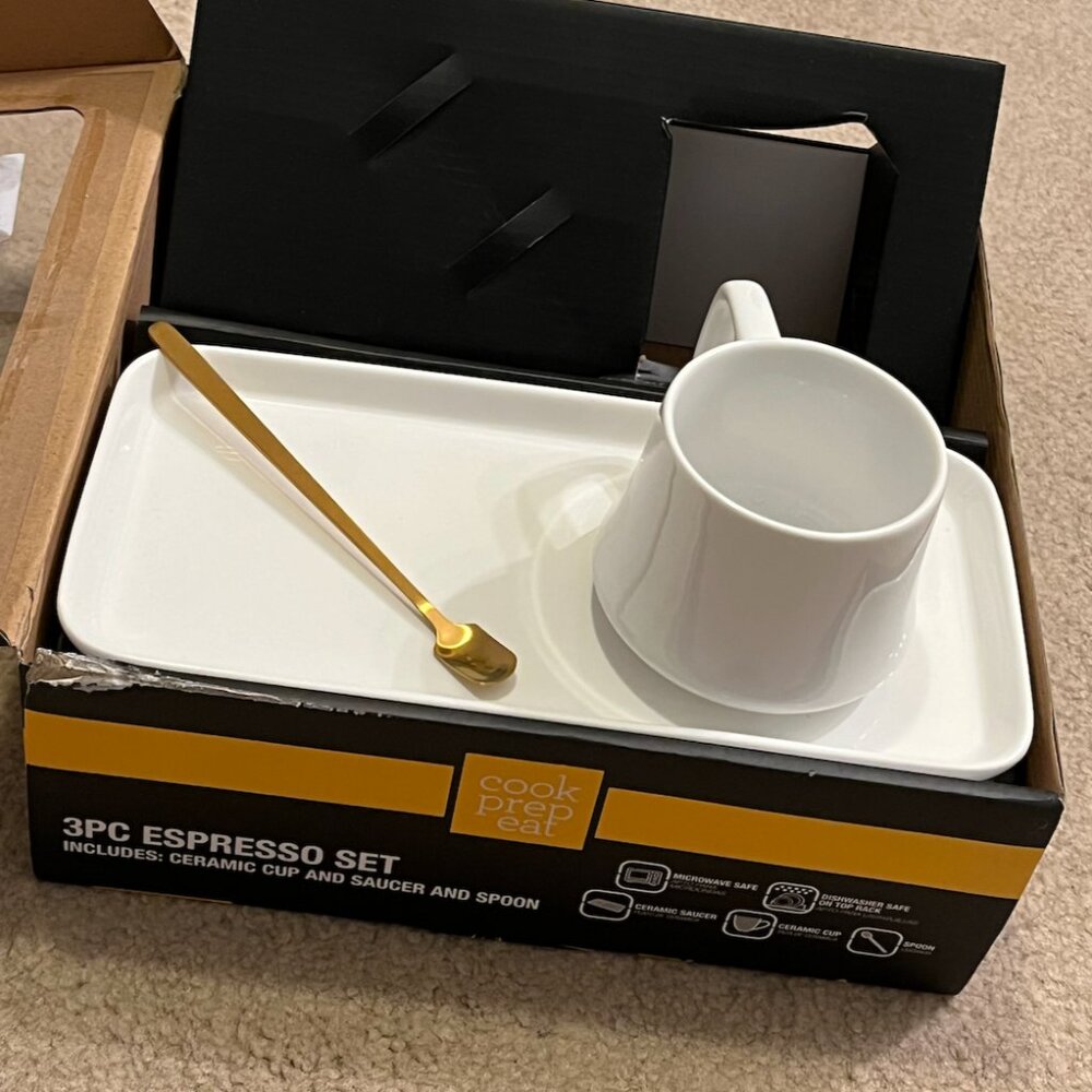 NEW 3pc White Espresso Coffee Set, Ceramic Cup, Saucer & Spoon by Cook Prep Eat